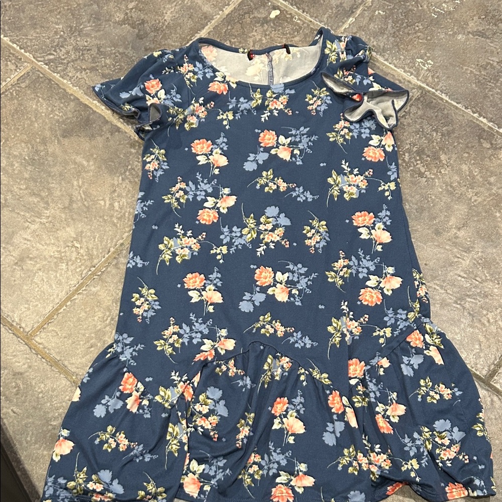 Girls' Navy Floral Ruffle Casual Dress